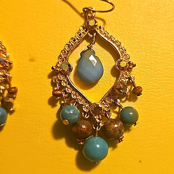 Mixed Gemstone Earrings (Pierce), Turquoise, Jade, Purple - Picture 3 of 5